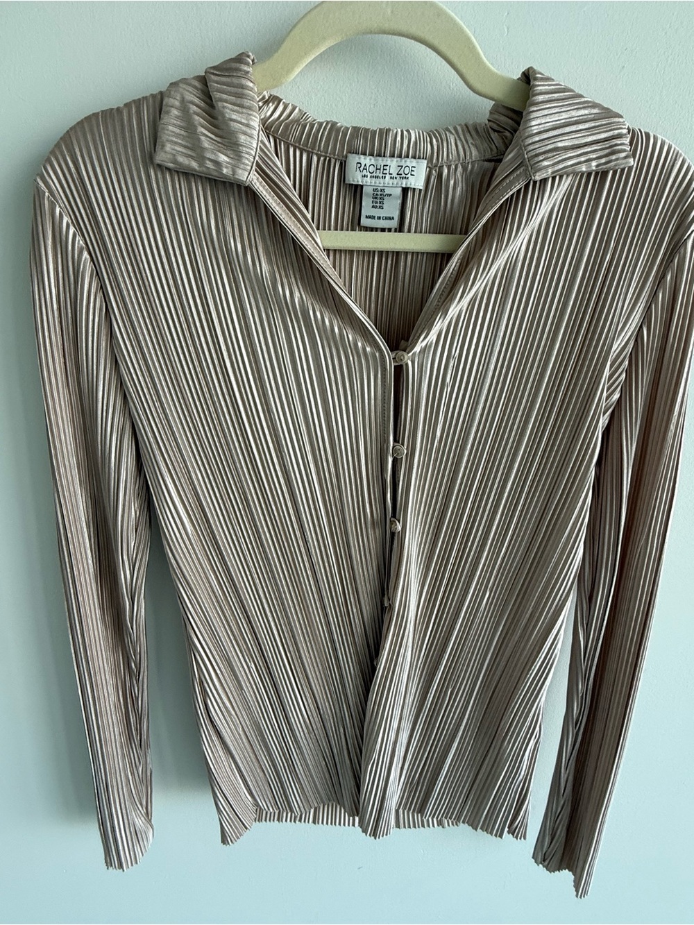 Rachel Zoe Metallic Taupe Pleated Button-Front Top